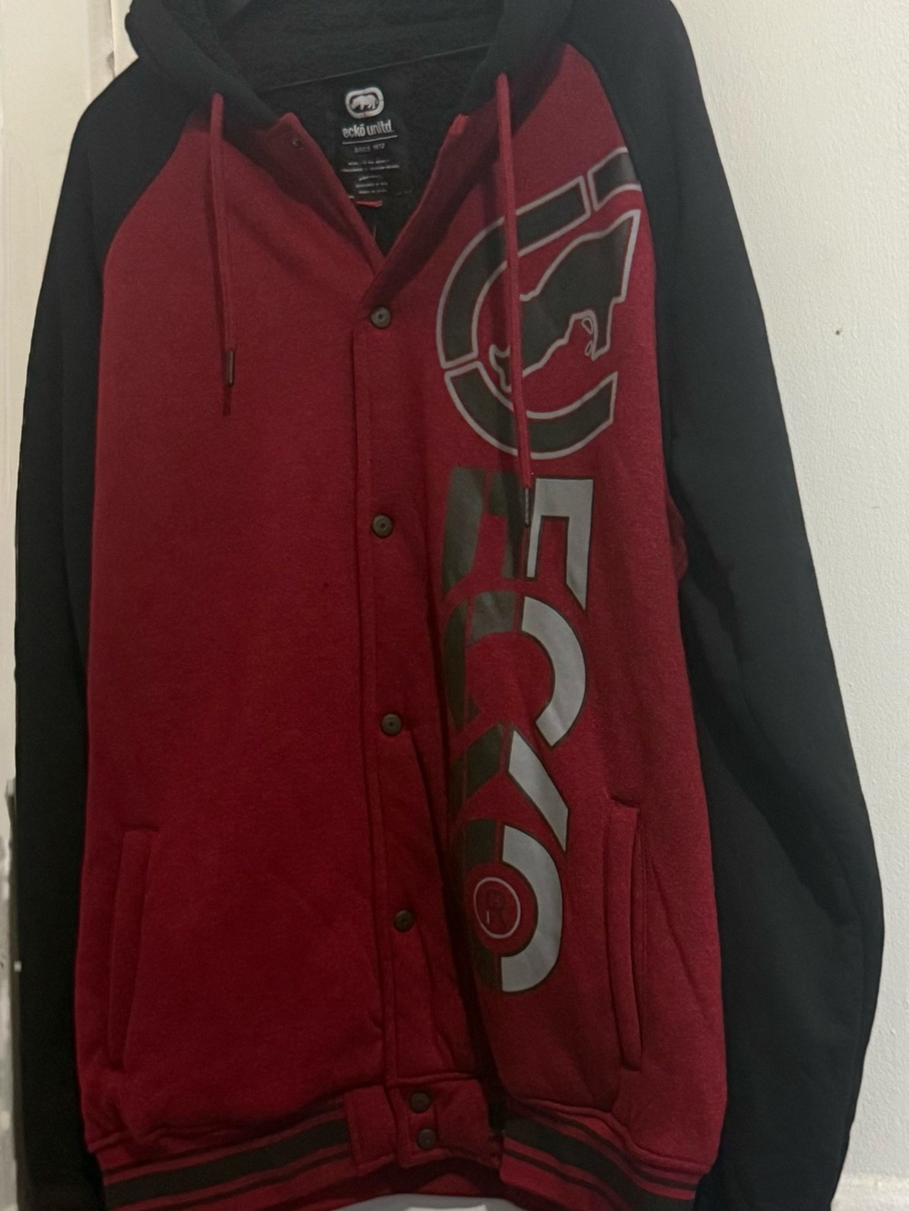 Ecko Unltd. Men's Red/Black Colorblock Fleece Button Hoodie Logo XL
